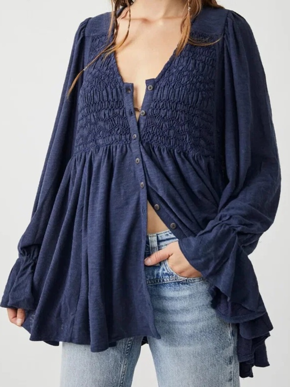 NWT Free People Top Navy Blue Don’t Call Me Baby Tunic Long Sleeve Babydoll XS